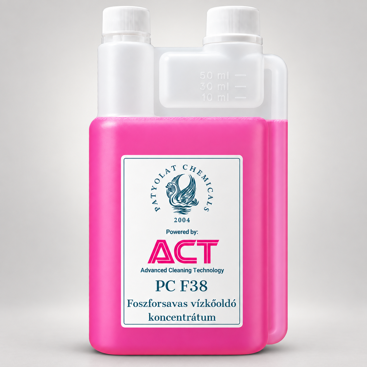 ACT F38 egy literes mérőfejes adagolópalack 10, 30 és 50 milliliteres mérőkamrával