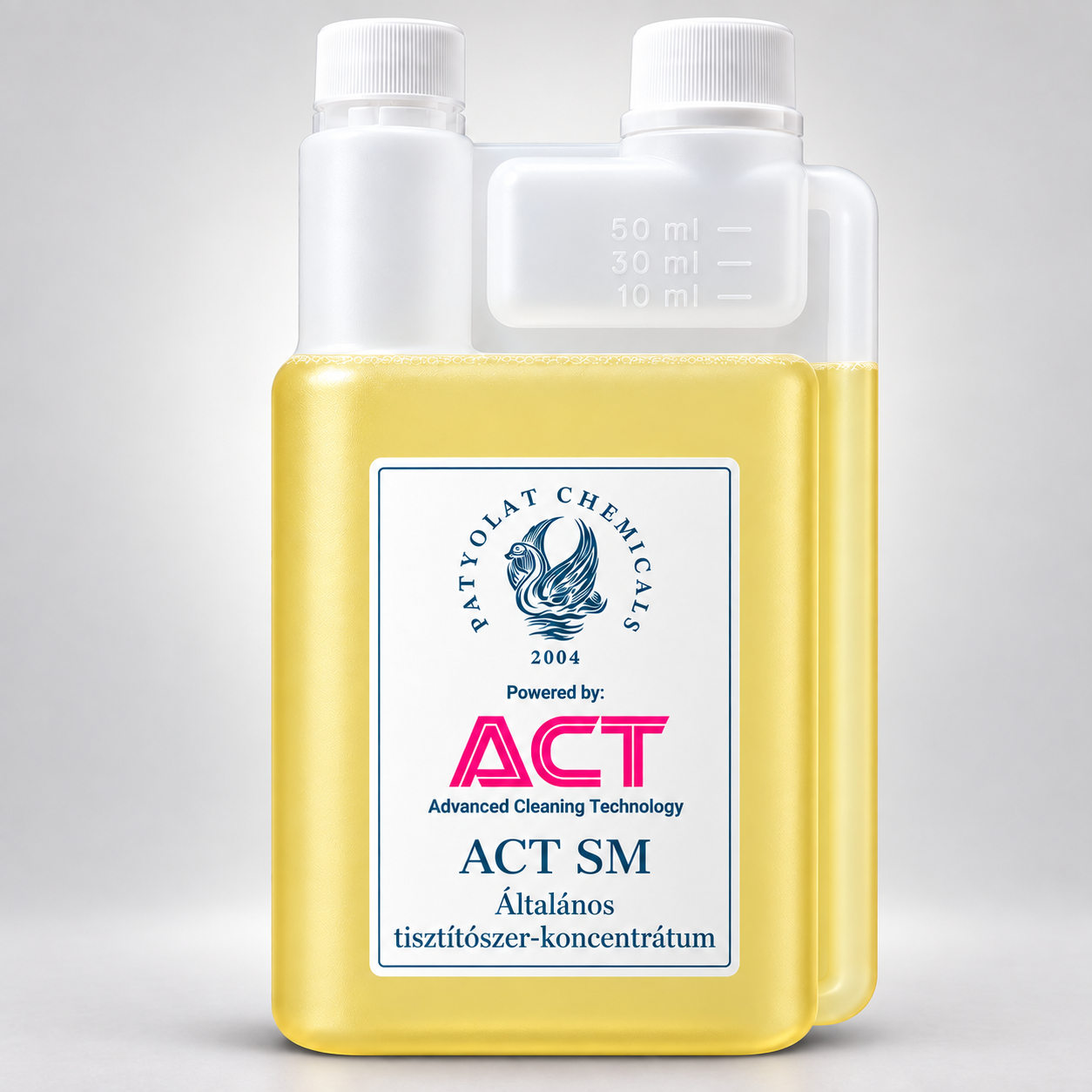 Patyolat Chemicals ACT SM általános tisztítószer-koncentrátum sárga folyadékkal, egy literes mérőkamrás adagolóflakonban